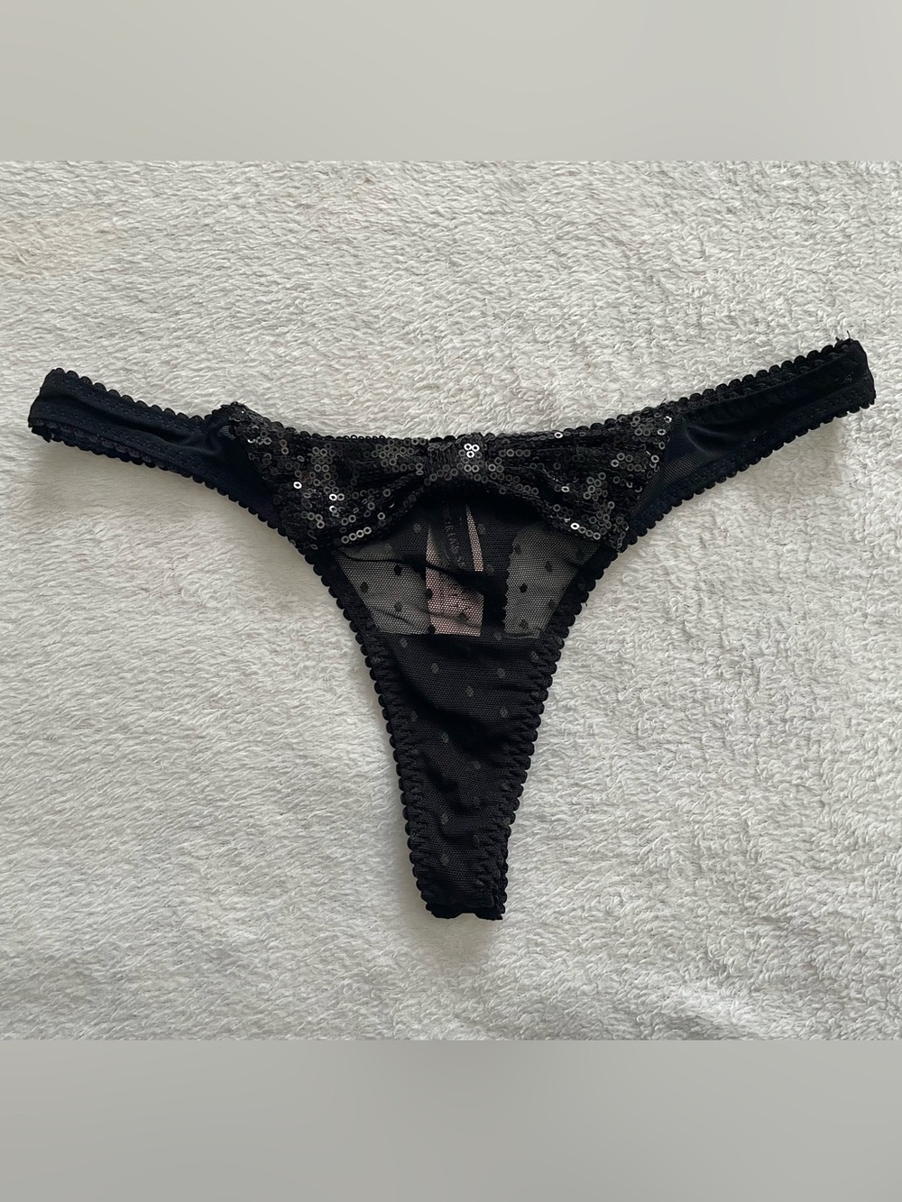 NWT Victoria's Secret XS Black Sequin Bow with Sheer Polka Dots Thong